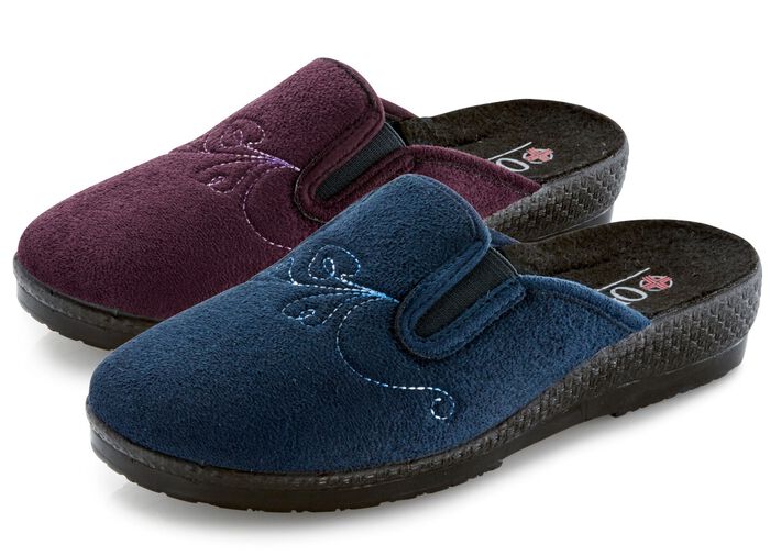 Tvåpack klassiska damtofflor, bredd H, med resårband 1x MARINE 1x CHIANTI