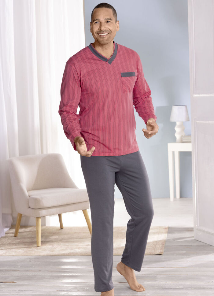 Pyjamas med randig design, V-ringning och bröstficka 