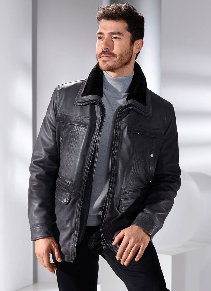 L&auml;derjacka med avtagbar krage i fuskp&auml;ls 