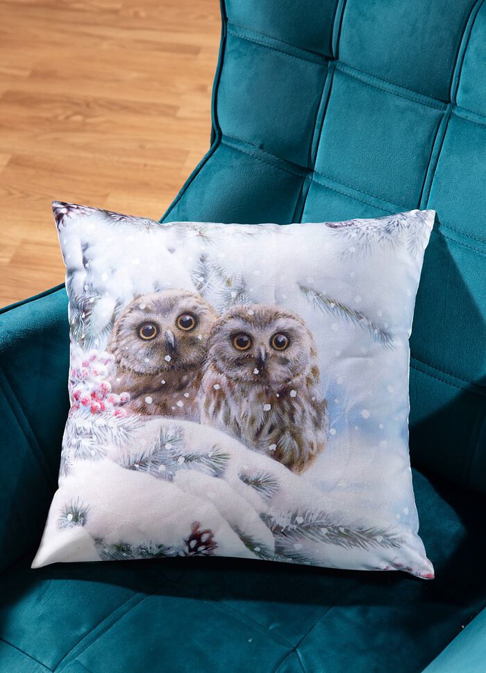 Kuddfodral i sammetslook med motiv av sn&ouml;uggla 