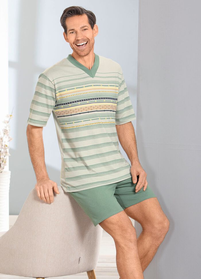 Shorty med V-ringning och tryckt motiv framtill 