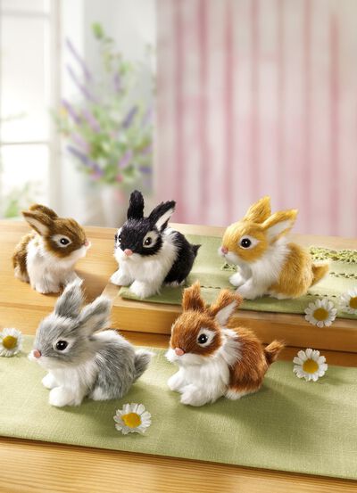 Plyschkaniner i naturtrogna f&auml;rger, set om 5 