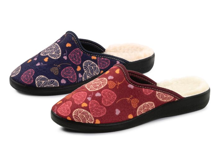 Tvåpack, fodrade damtofflor, bredd H, med textiltryck 1X BORDEAUX, 1X MARINBLÅ