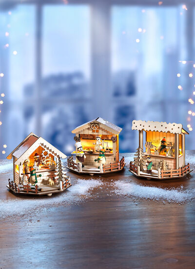 Julmarknadsstånd i trä med LED-belysning 