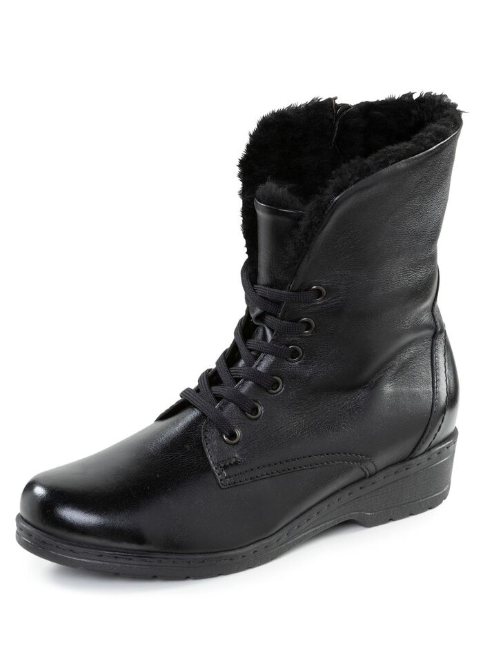 ELENA EDEN st&ouml;vletter med sn&ouml;rning och uppvikbar lammskinnskrage SVART