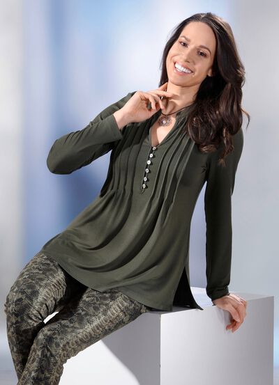 Skjorttunika med dekorativ knappsl&aring; 