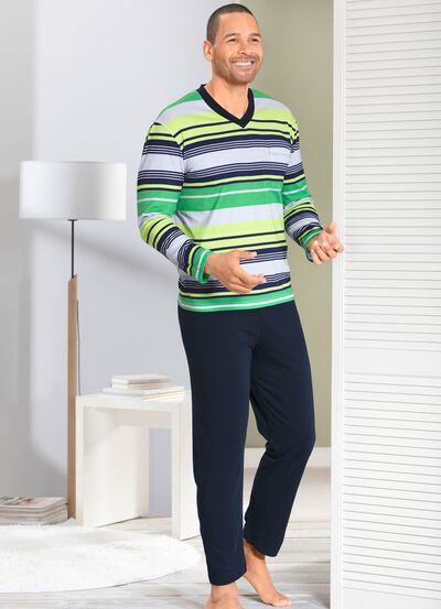 Pyjamas med V-ringning och patchad br&ouml;stficka i randig design 