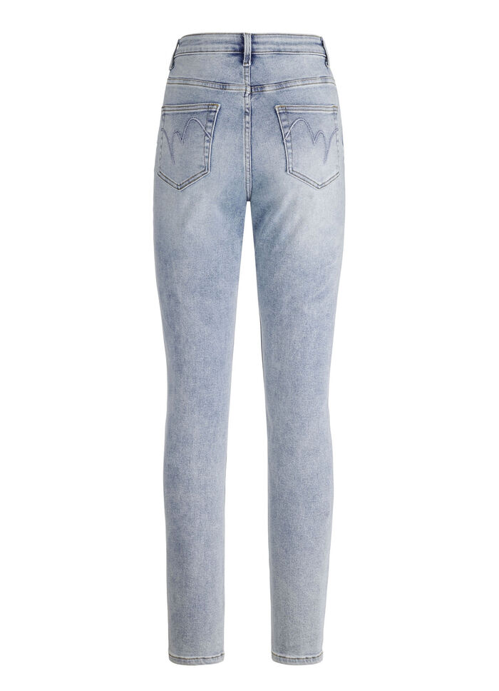 Jeans med strassdekor och glänsande blommotiv 