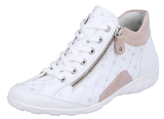 Remonte-sko med sn&ouml;rning gjord av tryckt och skimrande metalliskt syntetmaterial VIT-PUDERROSA