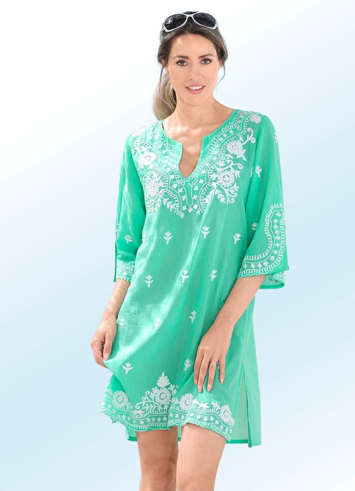 Tunika med vitt broderi och sidoslitsar, ren bomull 