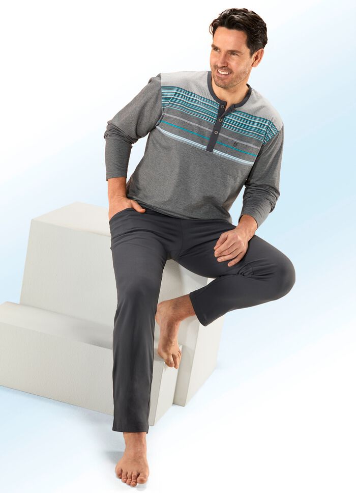 Hajo Klima Komfort Pyjamas med knappsl&aring; och garnf&auml;rgade r&auml;nder 