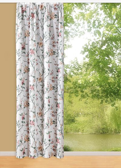 Tryckt &ouml;vergardin med rynkband 