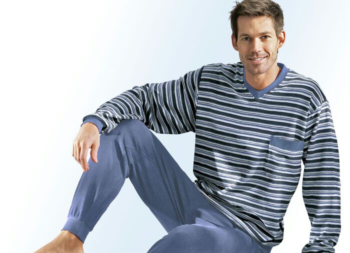 Pyjamas med muddar, V-ringning och garnfärgat randmönster JEANS BLÅ
