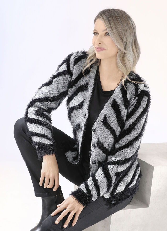 Kofta med hårig effektgarn LJUD GRÅ-SVART