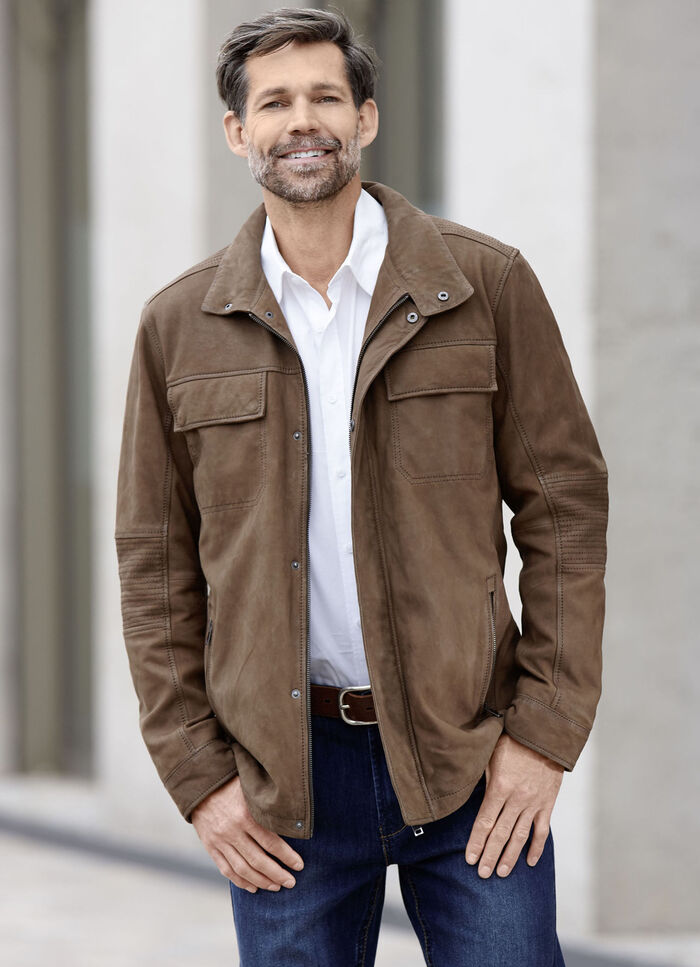 L&auml;derjacka med br&ouml;stfickor 