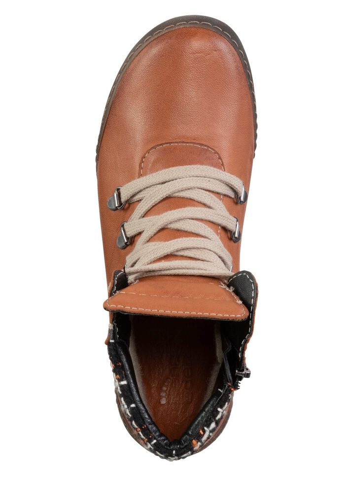 ELENA EDEN skosko med sn&ouml;rning och vadderad skaftkant i textil KONJAK