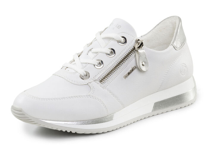 Remonte-sneakers med snörning och skimrande silverfärgad kontrastkant VIT