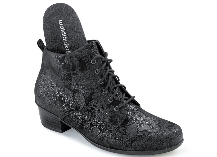 Waldläufer - ankelkänga med snörning och blommig prägling SVART