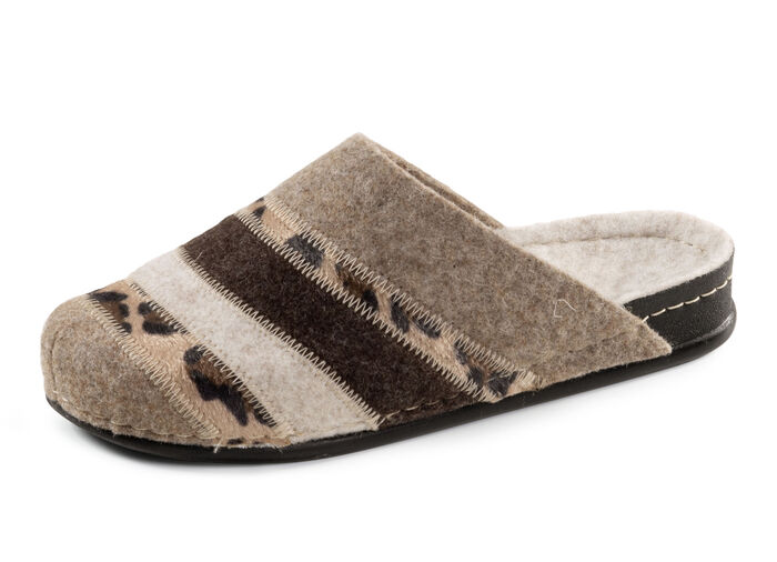 Laurina toffel av filt och tryckt fuskpäls BEIGE