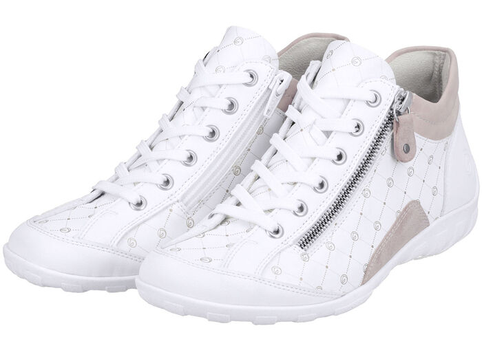 Remonte-sko med sn&ouml;rning gjord av tryckt och skimrande metalliskt syntetmaterial VIT-PUDERROSA