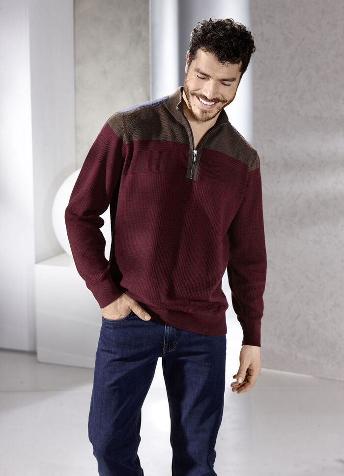 Ståkragetröja med blandad textur VINRÖDBRUN MELERAD