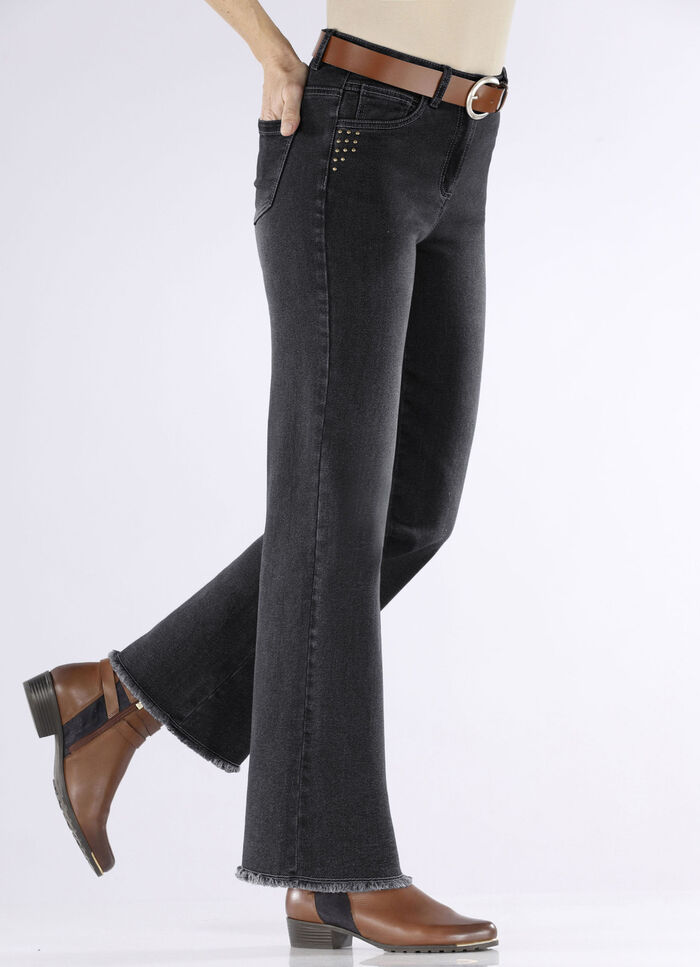 Jeans med trendig fransad fåll SVART