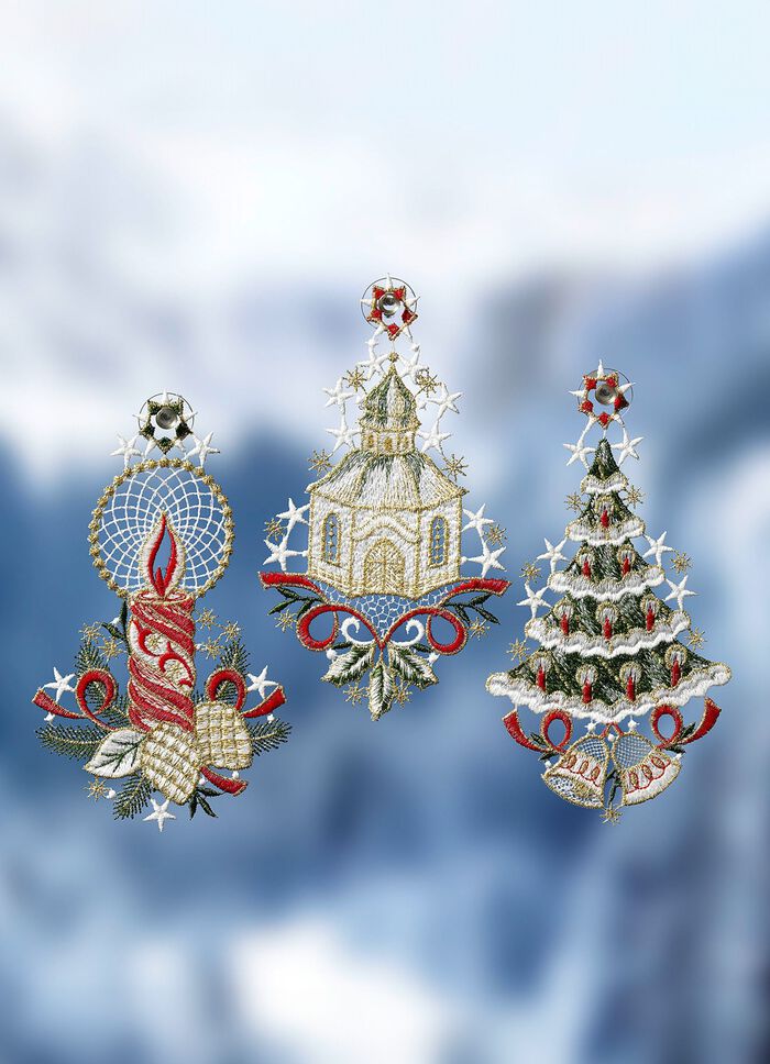 F&ouml;nsterbilder, set om 3, gjorda av &auml;kta Plauenspets 