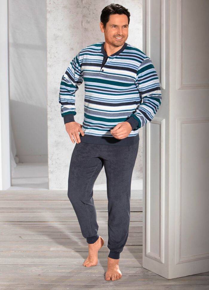 Pyjamas i stretchfrott&eacute; med knappsl&aring; och muddar 