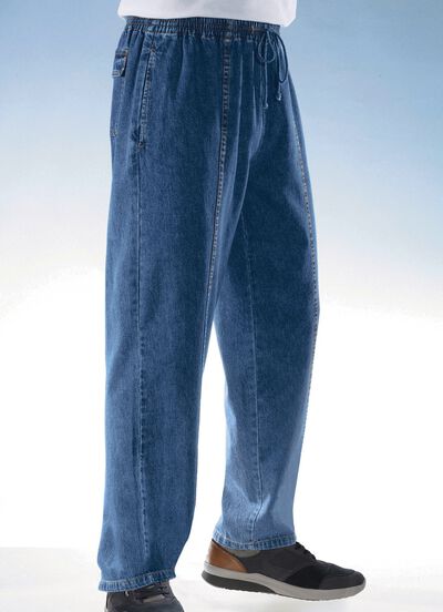 Dra-på-jeans med resårlinning och dragsko i 4 färger 