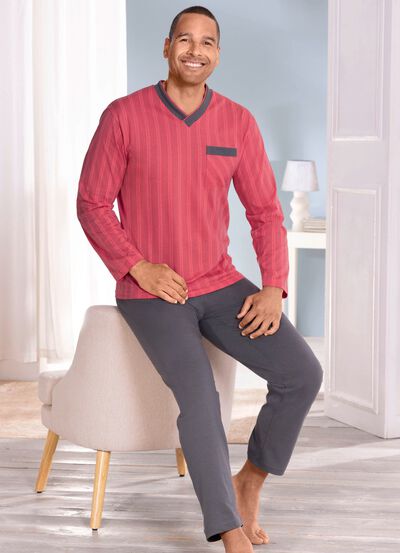 Pyjamas med randig design, V-ringning och br&ouml;stficka 