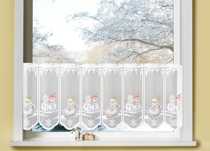 Kort gardin med sn&ouml;gubbar 