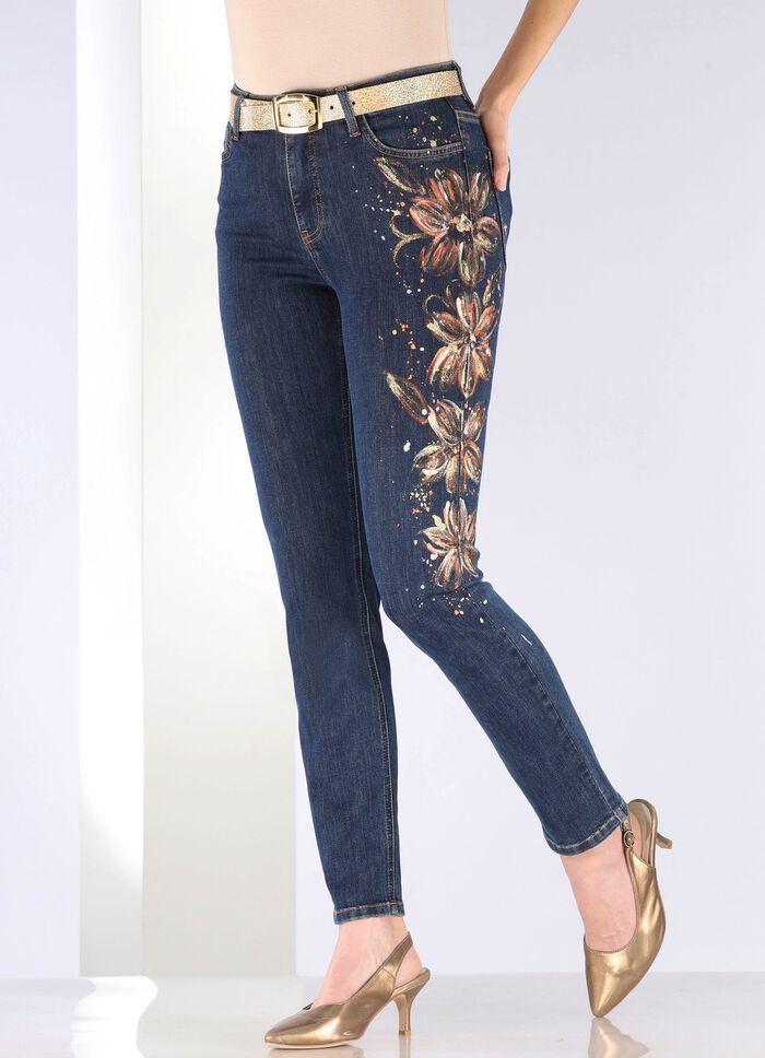 Eleganta jeans med handm&aring;lade blommotiv 