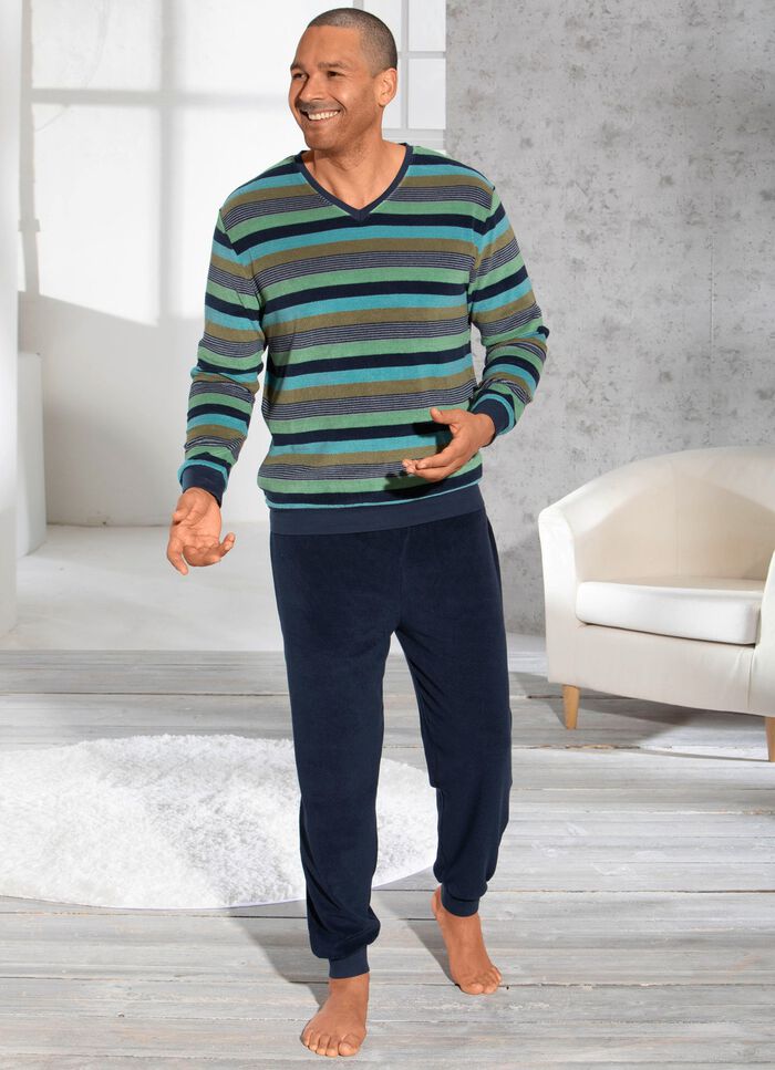 Pyjamas med V-ringning och garnf&auml;rgad randig design 