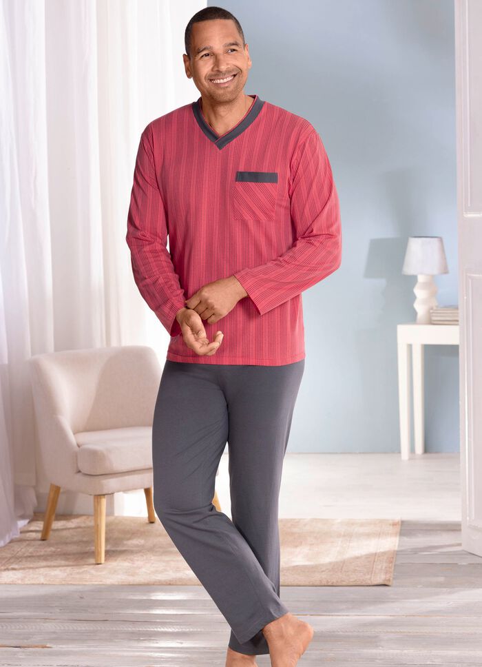 Pyjamas med randig design, V-ringning och br&ouml;stficka 