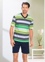 Shorty med V-ringad och patchad br&ouml;stficka, i randig design 