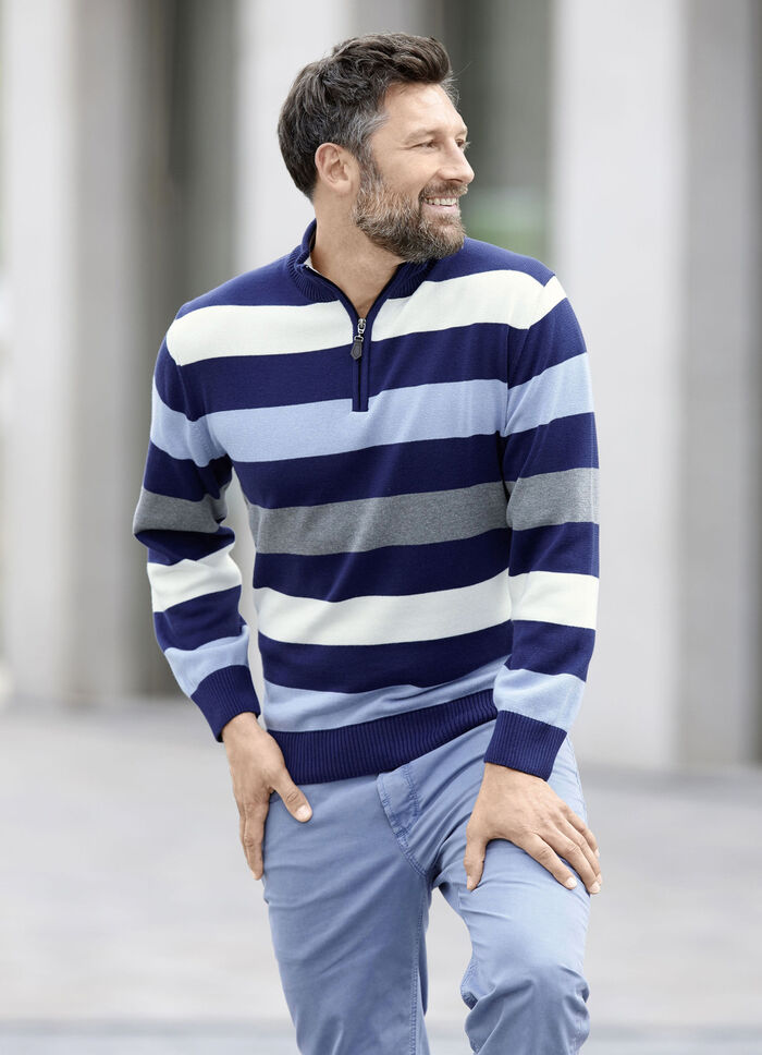 Randig troyer med kort dragkedja MARINBL&Aring; ECRU