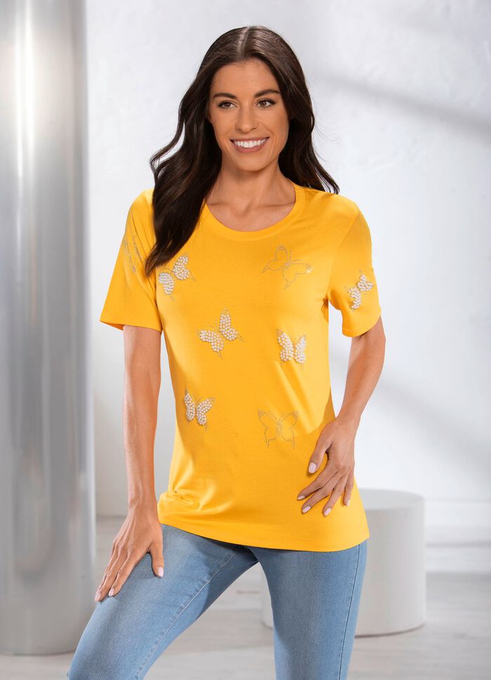 Skjorta med intressant p&auml;rl- och strassdekor i 2 f&auml;rger GUL