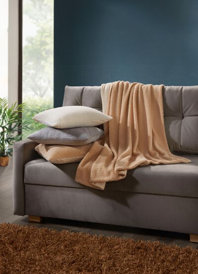 Filtar och kuddar med en fluffig, mjuk teddyfront 