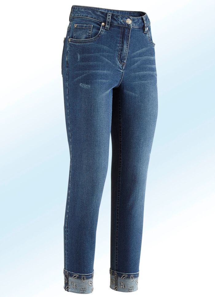 Eleganta jeans i 7/8-l&auml;ngd med vackra strassdetaljer 