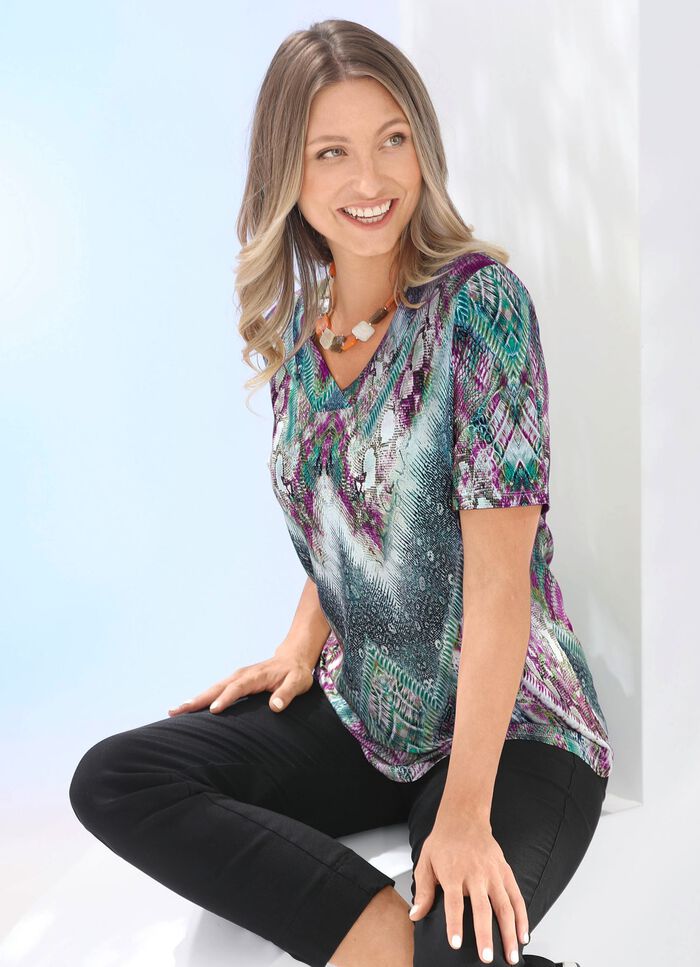 Skjorta med V-ringning GR&Uuml;N-LILA-BUNT