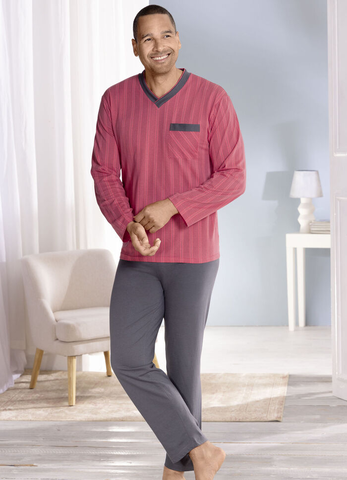 Pyjamas med randig design, V-ringning och bröstficka 