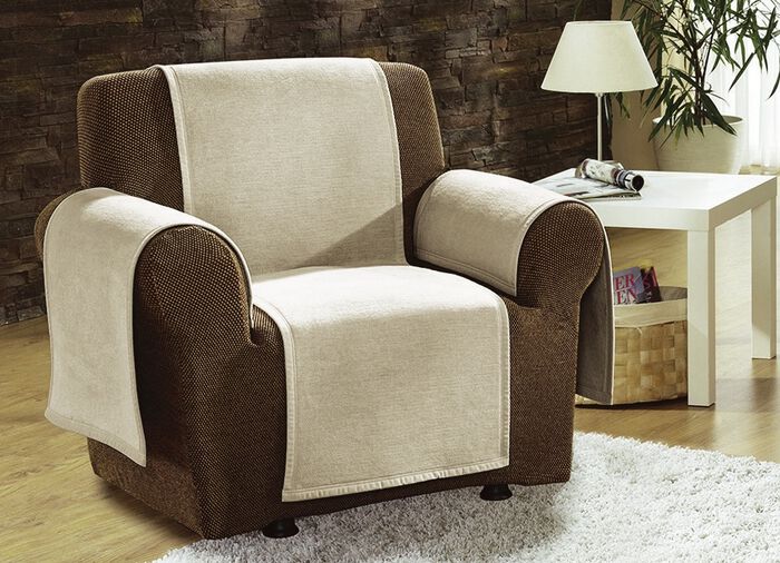 Fåtölj, soffa och armstödsskydd med velourbandskant, 