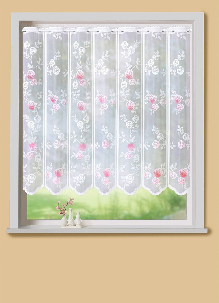 Romantisk kort gardin med rosmotiv 