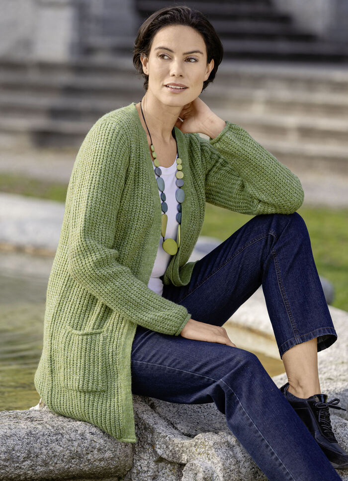 Lång kofta med pärltofs LIME MELERAD