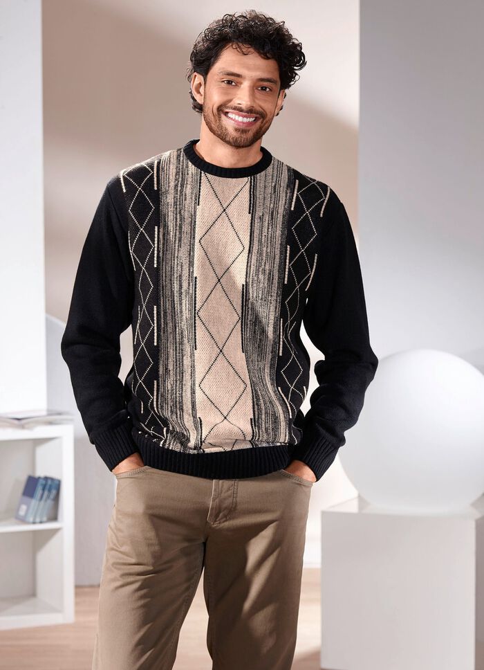 Rundhalsad tr&ouml;ja med jacquardm&ouml;nster SVART-BEIGE