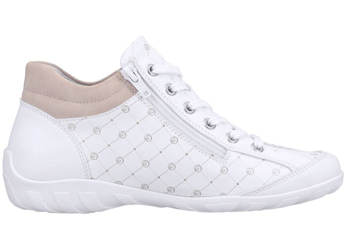 Remonte-sko med sn&ouml;rning gjord av tryckt och skimrande metalliskt syntetmaterial VIT-PUDERROSA