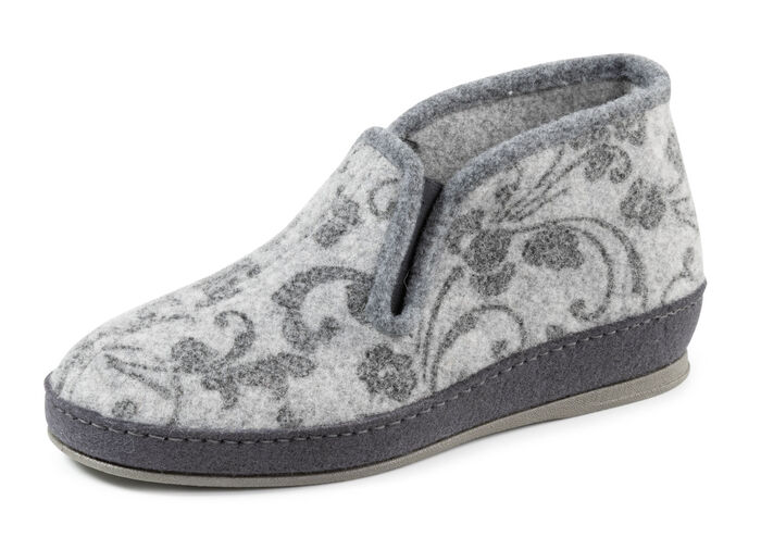 Blommig tryckt toffel av ullfilt GRÅ