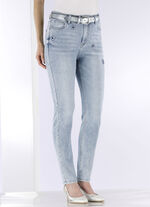 Jeans med strassdekor och glänsande blommotiv 