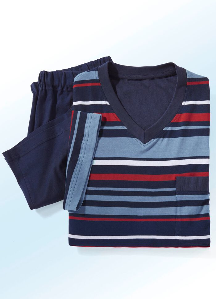 Kort&auml;rmade pyjamasar i tv&aring;pack med V-ringning och garnf&auml;rgat randm&ouml;nster 