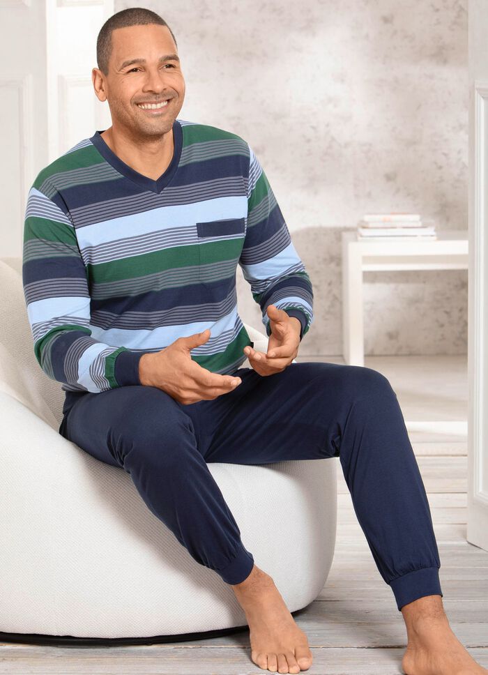 Tv&aring;pack pyjamas med V-ringning och lappad br&ouml;stficka i randig design 